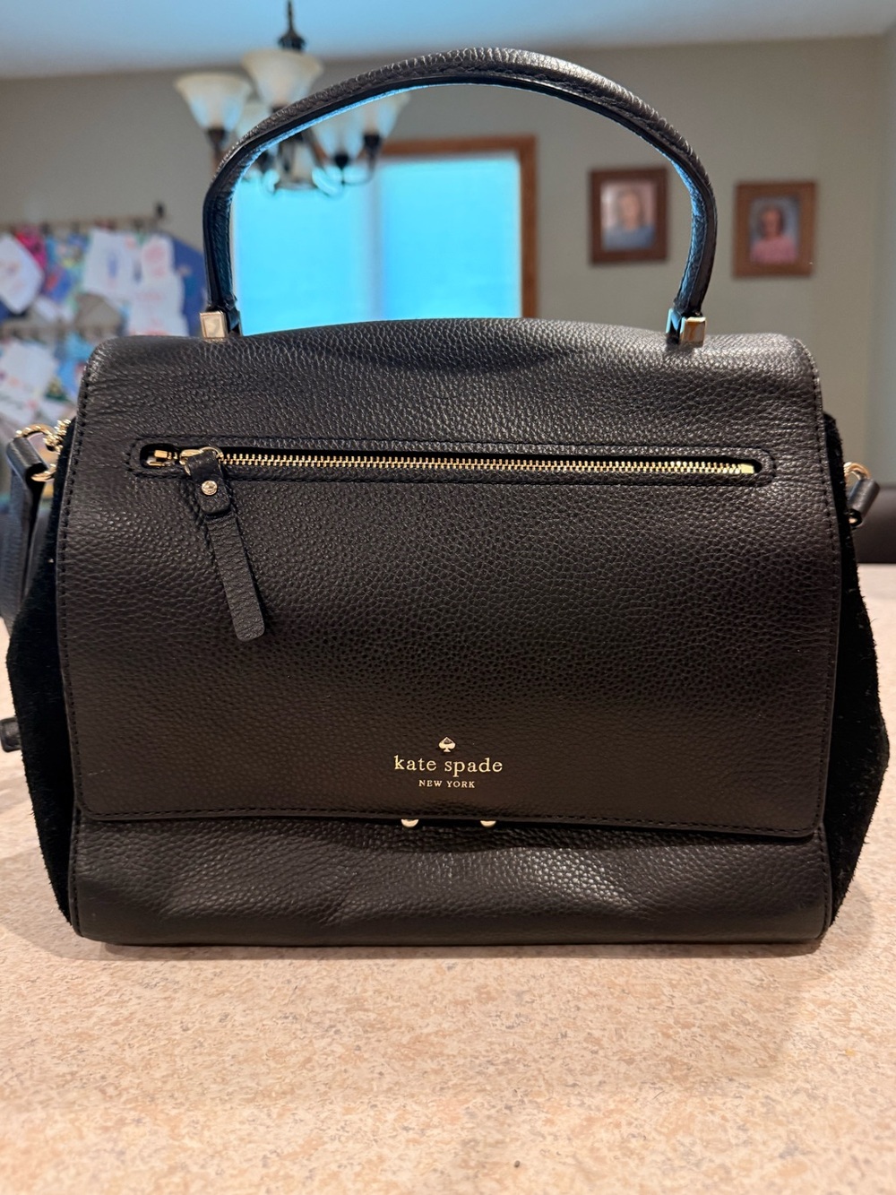 Kate Spade Black Pebbled Leather Top-Handle Satchel with cross body strap
